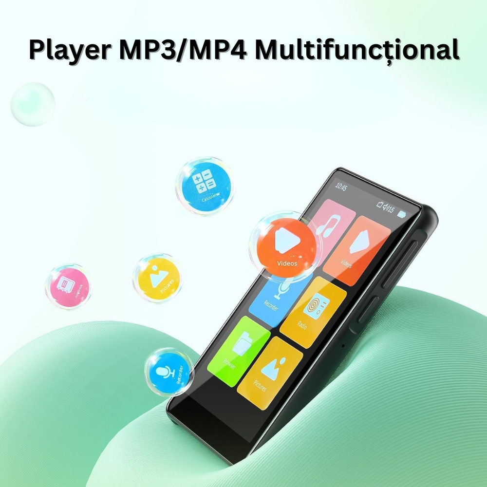Player MP3/MP4 cu Touchscreen, Ecran 4 inch, Bluetooth 5.0, 80GB Memorie, Suporta Card SD pana la 128GB, Difuzor, Sunet HiFi, Radio FM, E-book Reading, Reportofon, Alarma, Calculator, Cronometru, Portabil, USB-C, Casti Incluse, Negru