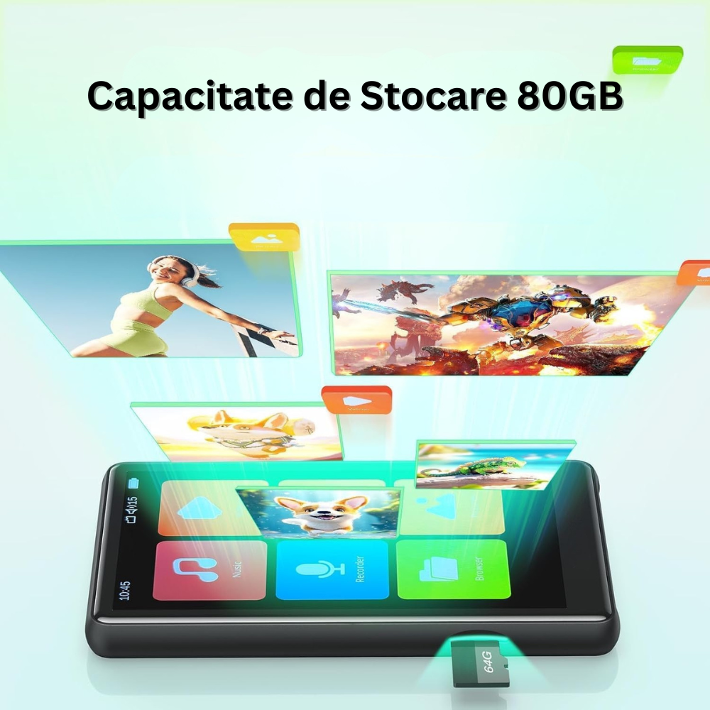 Player MP3/MP4 cu Touchscreen, Ecran 4 inch, Bluetooth 5.0, 80GB Memorie, Suporta Card SD pana la 128GB, Difuzor, Sunet HiFi, Radio FM, E-book Reading, Reportofon, Alarma, Calculator, Cronometru, Portabil, USB-C, Casti Incluse, Negru