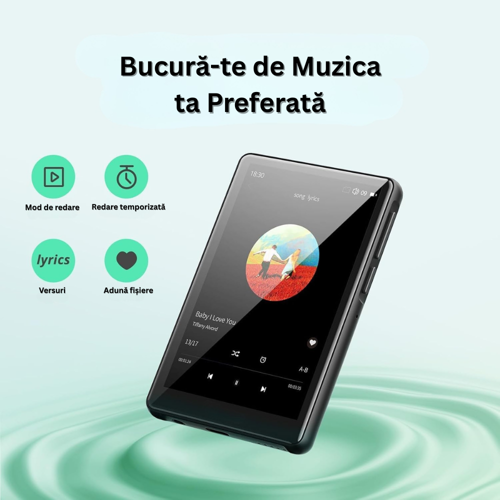 Player MP3/MP4 cu Touchscreen, Ecran 4 inch, Bluetooth 5.0, 80GB Memorie, Suporta Card SD pana la 128GB, Difuzor, Sunet HiFi, Radio FM, E-book Reading, Reportofon, Alarma, Calculator, Cronometru, Portabil, USB-C, Casti Incluse, Negru