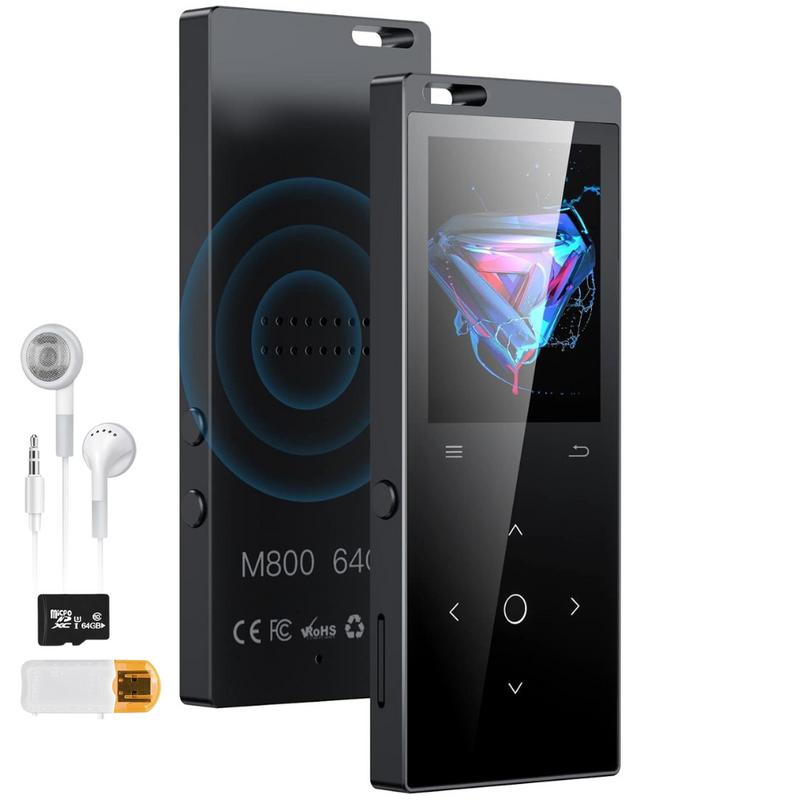 Player MP3 cu Touchscreen, Ecran 1.8 inch, Bluetooth 5.2, 64GB Memorie, Suporta Card SD pana la 128GB, Difuzor, Sunet HiFi, Radio FM, E-book Reading, Reportofon, Portabil, USB-C, Casti si Cititor de Carduri Incluse, Negru