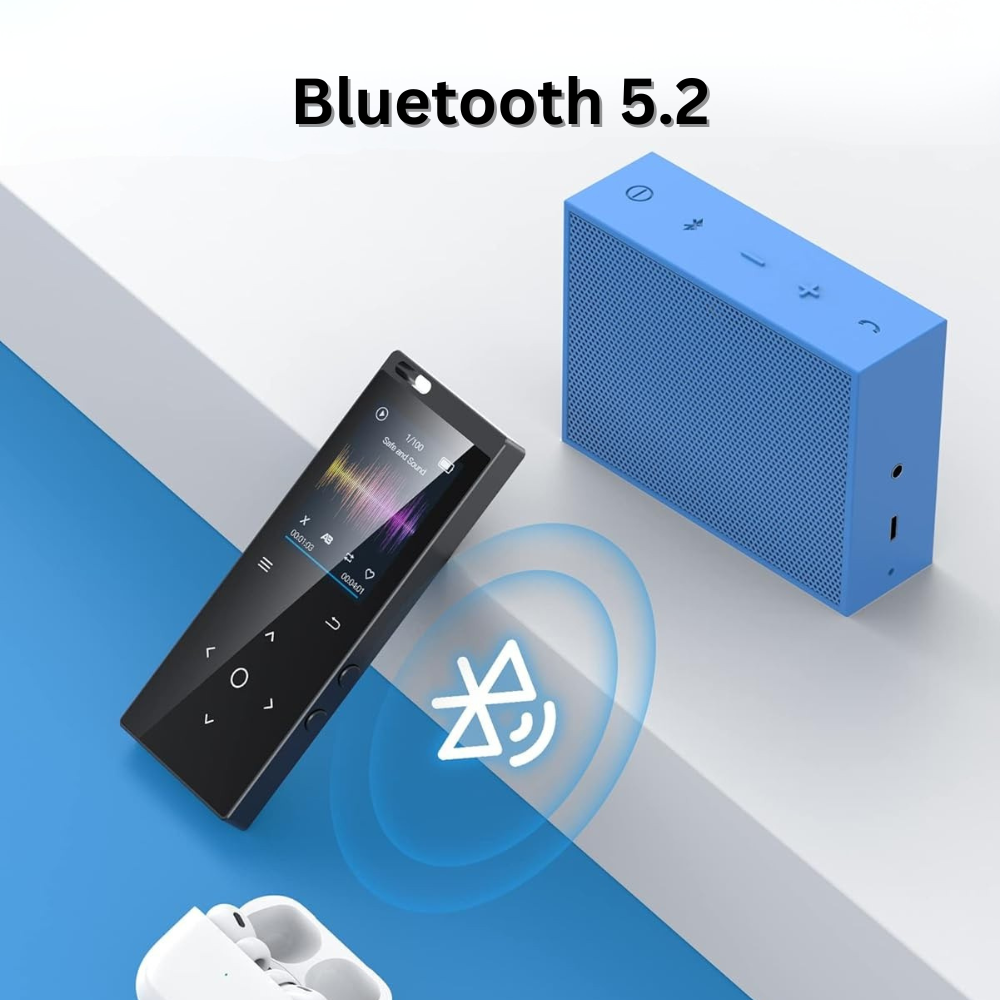 Player MP3 cu Touchscreen, Ecran 1.8 inch, Bluetooth 5.2, 64GB Memorie, Suporta Card SD pana la 128GB, Difuzor, Sunet HiFi, Radio FM, E-book Reading, Reportofon, Portabil, USB-C, Casti si Cititor de Carduri Incluse, Negru