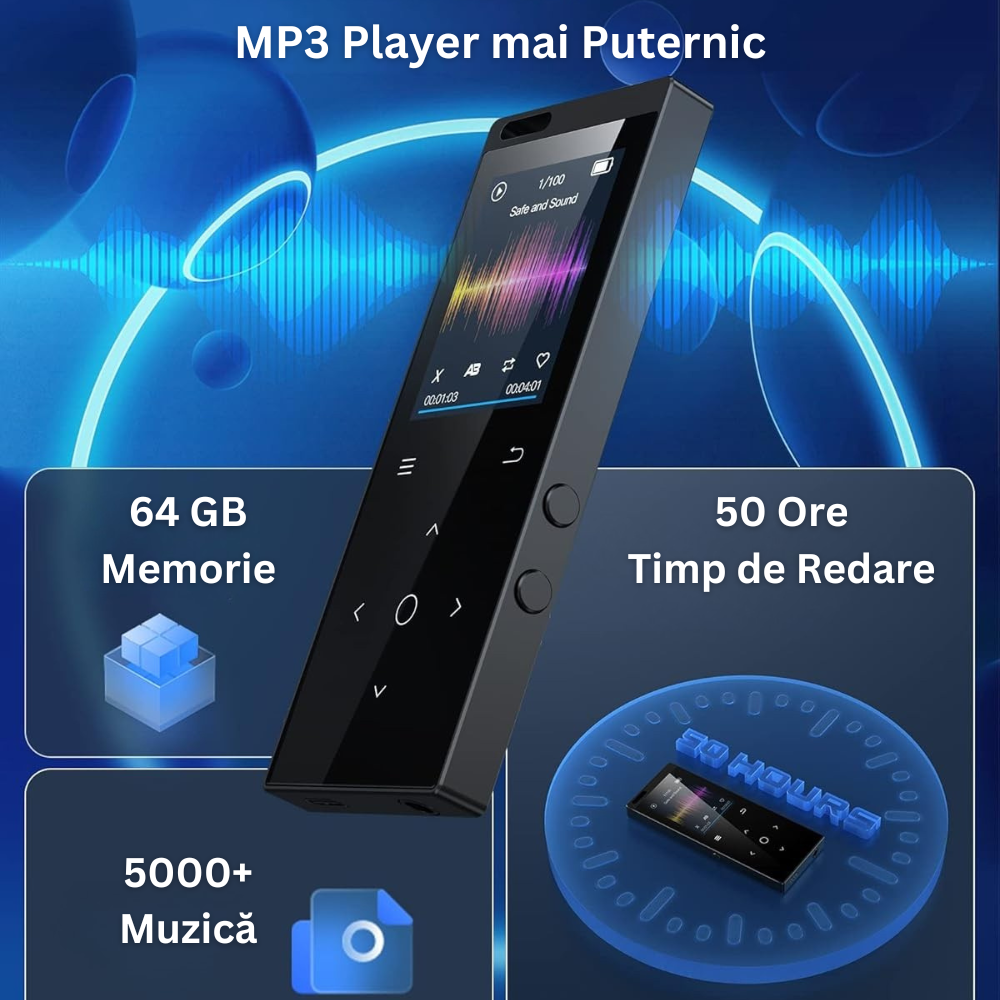 Player MP3 cu Touchscreen, Ecran 1.8 inch, Bluetooth 5.2, 64GB Memorie, Suporta Card SD pana la 128GB, Difuzor, Sunet HiFi, Radio FM, E-book Reading, Reportofon, Portabil, USB-C, Casti si Cititor de Carduri Incluse, Negru