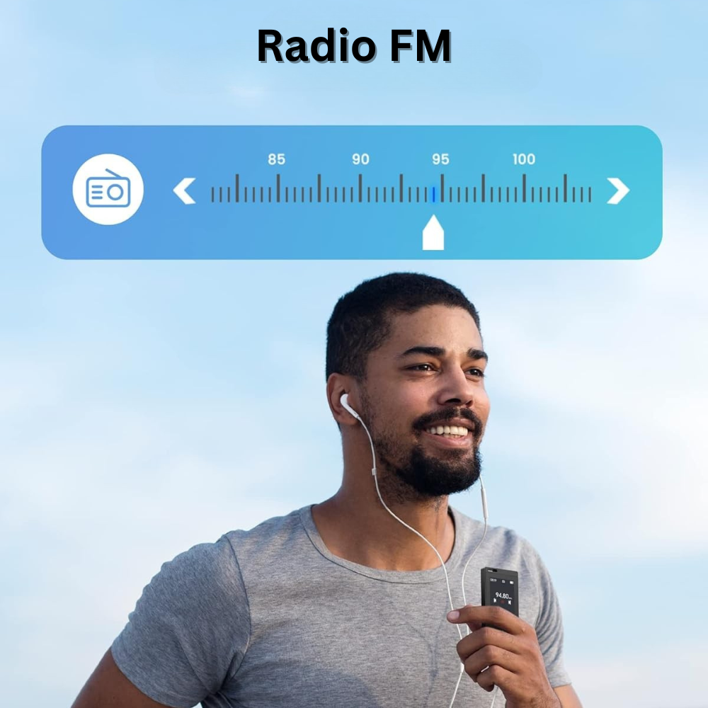 Player MP3 cu Touchscreen, Ecran 1.8 inch, Bluetooth 5.2, 64GB Memorie, Suporta Card SD pana la 128GB, Difuzor, Sunet HiFi, Radio FM, E-book Reading, Reportofon, Portabil, USB-C, Casti si Cititor de Carduri Incluse, Negru