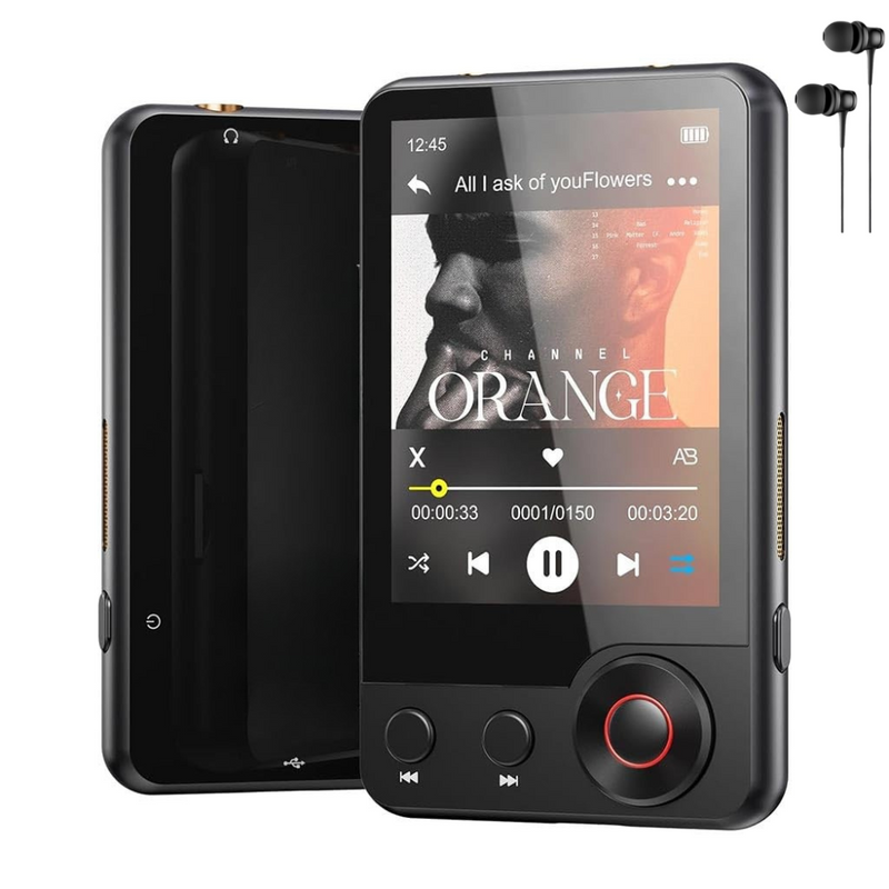 Player MP3 cu Touchscreen, Ecran 2.4 inch, Bluetooth 5.3, 128GB Memorie, Suporta Card SD pana la 128GB, Control Volum, Difuzor, Sunet HiFi, Radio FM, E-book Reading, Reportofon, Alarma, Portabil, USB-C, Casti Incluse, Negru