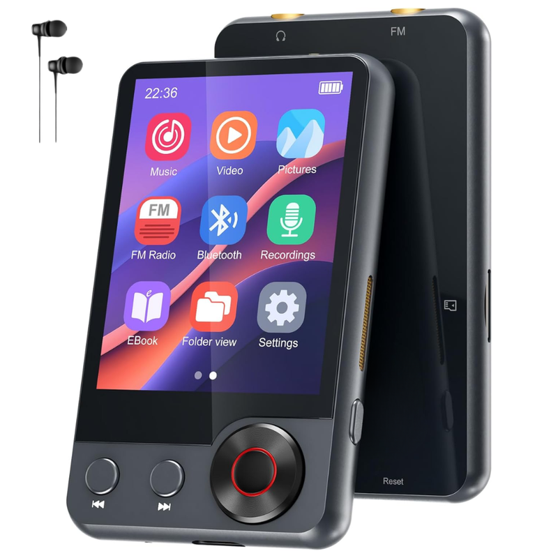 Player MP3 cu Touchscreen, Ecran 2.4 inch, Bluetooth 5.3, 128GB Memorie, Suporta Card SD pana la 128GB, Control Volum, Difuzor, Sunet HiFi, Radio FM, E-book Reading, Reportofon, Alarma, Portabil, USB-C, Casti Incluse, Negru/Gri