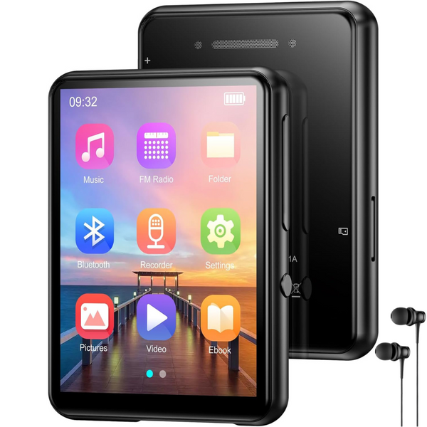 Player MP3 cu Touchscreen, Ecran 2.4 inch, Bluetooth 5.3, 128GB Memorie, Suporta Card SD pana la 128GB, Difuzor, Sunet HiFi, Radio FM, E-book Reading, Reportofon, Alarma, Calendar, Portabil, USB-C, Casti Incluse, Negru