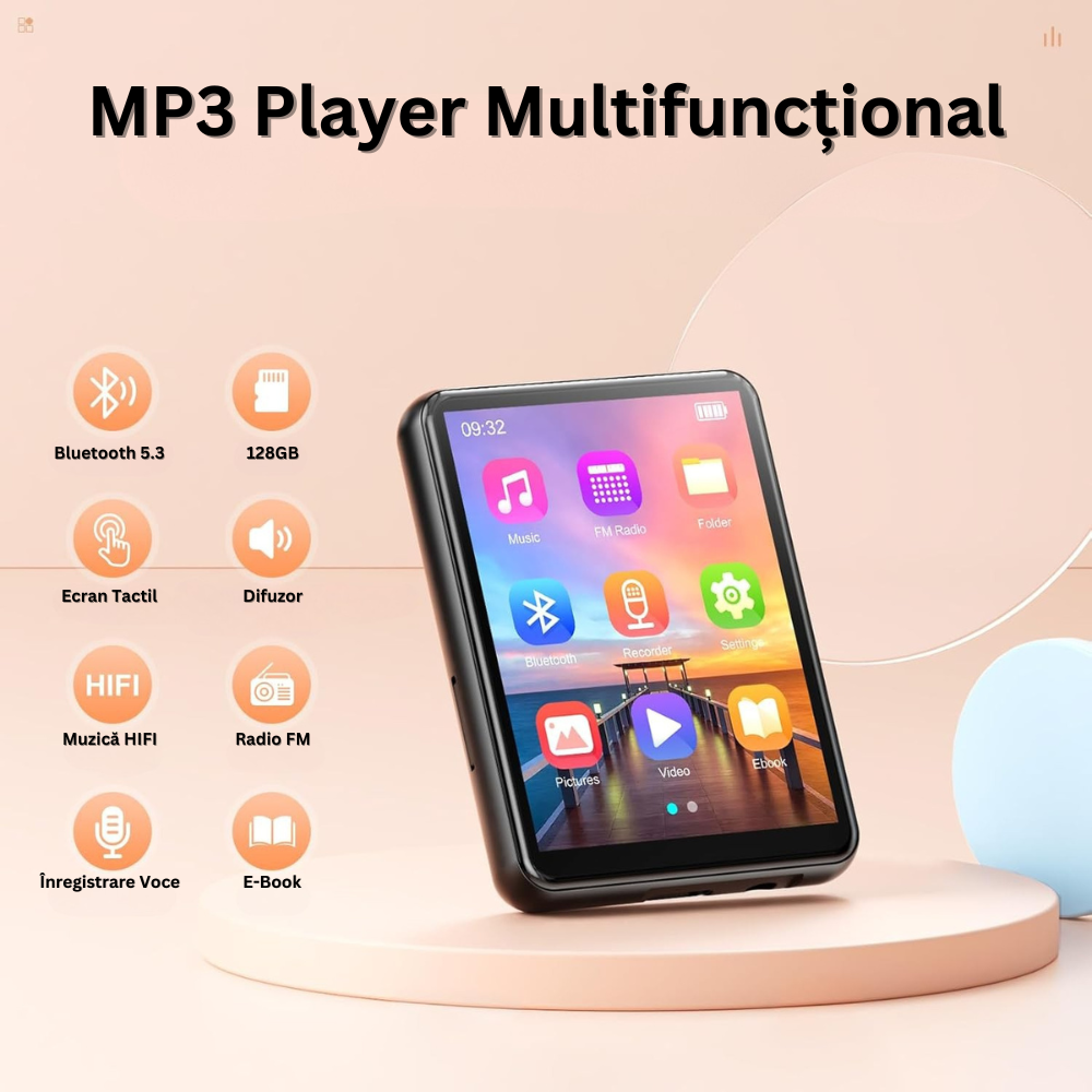 Player MP3 cu Touchscreen, Ecran 2.4 inch, Bluetooth 5.3, 128GB Memorie, Suporta Card SD pana la 128GB, Difuzor, Sunet HiFi, Radio FM, E-book Reading, Reportofon, Alarma, Calendar, Portabil, USB-C, Casti Incluse, Negru