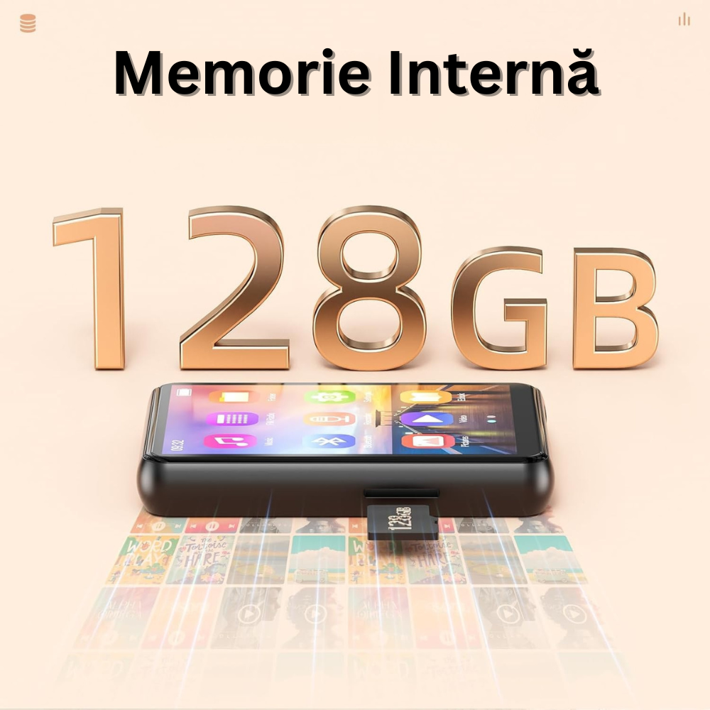 Player MP3 cu Touchscreen, Ecran 2.4 inch, Bluetooth 5.3, 128GB Memorie, Suporta Card SD pana la 128GB, Difuzor, Sunet HiFi, Radio FM, E-book Reading, Reportofon, Alarma, Calendar, Portabil, USB-C, Casti Incluse, Negru