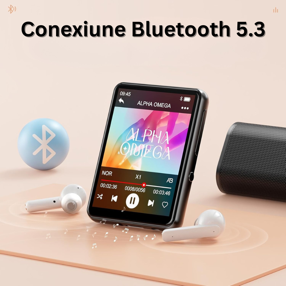 Player MP3 cu Touchscreen, Ecran 2.4 inch, Bluetooth 5.3, 128GB Memorie, Suporta Card SD pana la 128GB, Difuzor, Sunet HiFi, Radio FM, E-book Reading, Reportofon, Alarma, Calendar, Portabil, USB-C, Casti Incluse, Negru