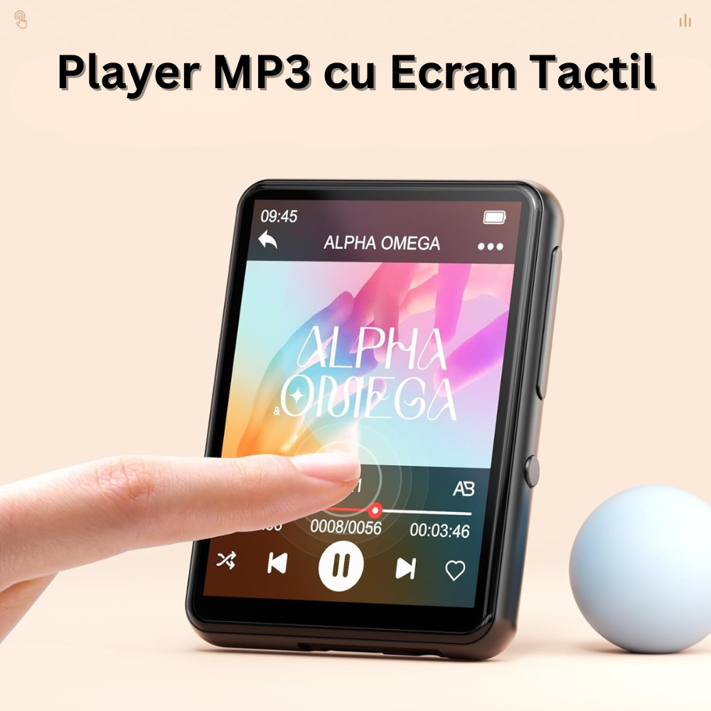 Player MP3 cu Touchscreen, Ecran 2.4 inch, Bluetooth 5.3, 128GB Memorie, Suporta Card SD pana la 128GB, Difuzor, Sunet HiFi, Radio FM, E-book Reading, Reportofon, Alarma, Calendar, Portabil, USB-C, Casti Incluse, Negru