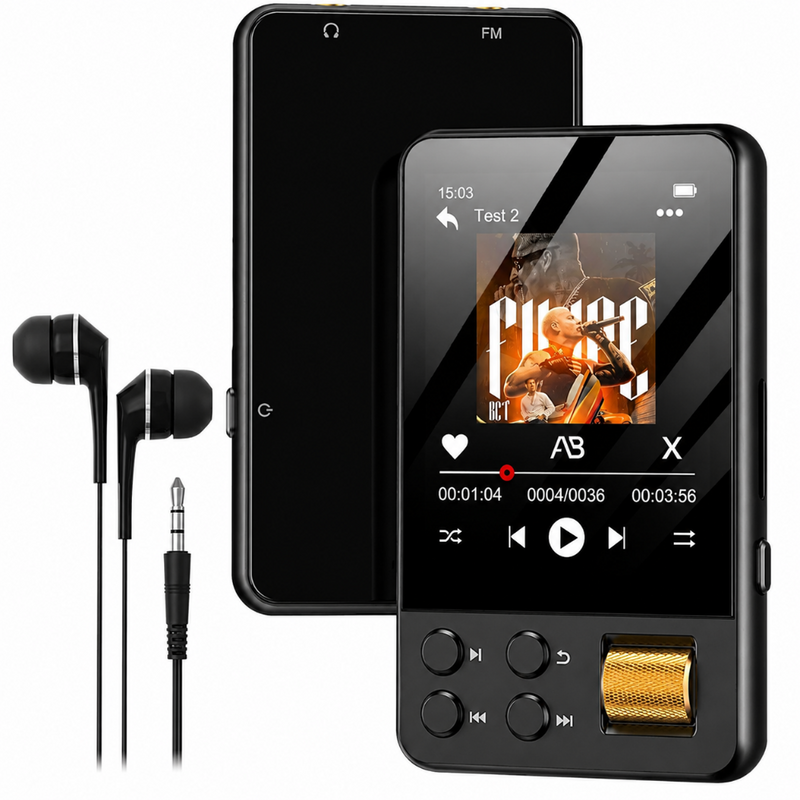 Player MP3 cu Touchscreen, Ecran 2.4 inch, Bluetooth 5.4, 64GB Memorie, Suporta Card SD pana la 512GB, Control Volum, Difuzor, Sunet HiFi, Radio FM, E-book Reading, Reportofon, Alarma, Portabil, USB-C, Casti Incluse, Negru