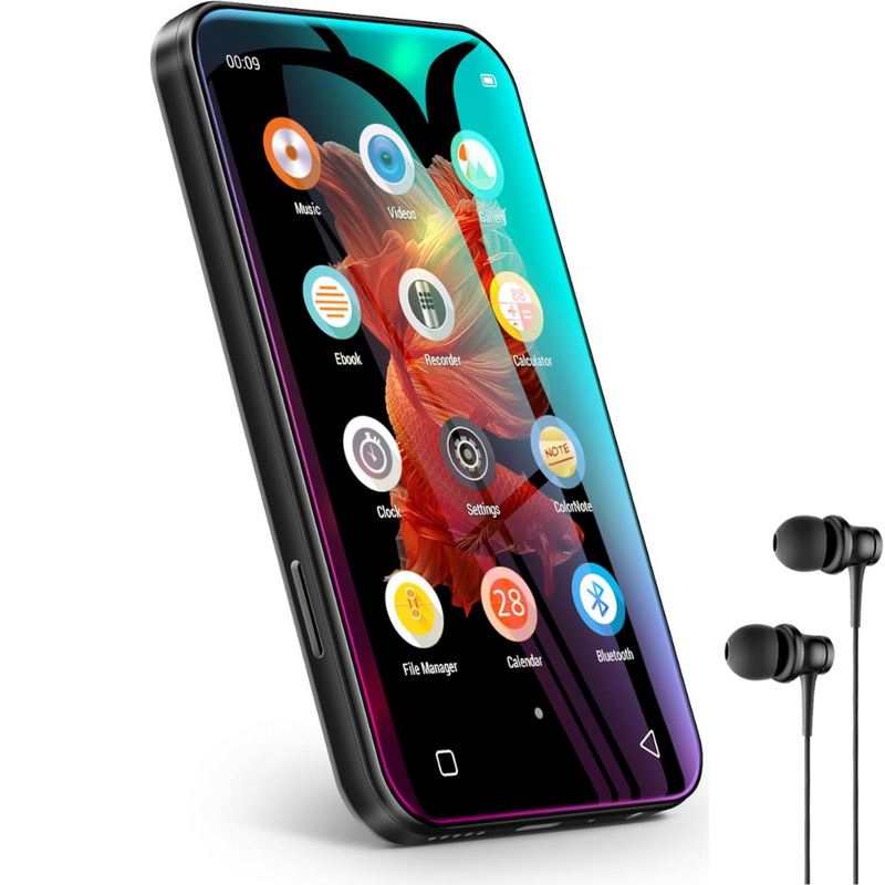 Player MP4 cu Touchscreen, Ecran 4 inch, 72GB Memorie, Suporta Card SD pana la 512GB, Bluetooth, Baterie de 1800 mAh, Difuzor, Sunet HiFi, Radio FM, E-book Reading, Inregistrare Voce, Portabil, USB-C, Casti Incluse, Negru
