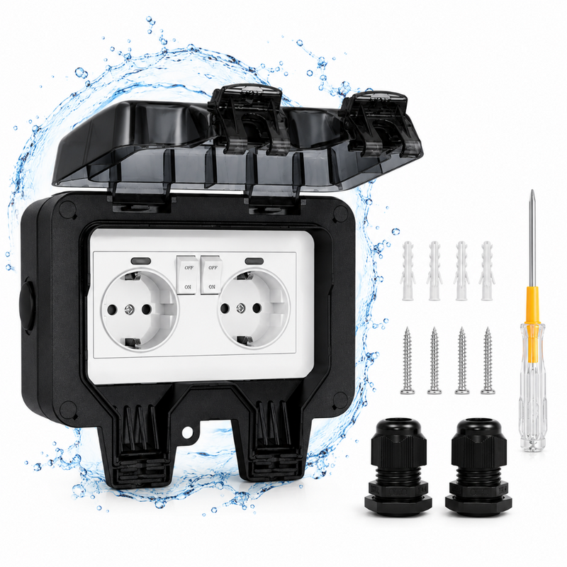 Priza Dubla Exterior, Model Standard European, Indicator Luminos, Rezistent la Apa IP66, 250V/16A, Capac de Protectie, Blocare, pentru Gradina, Garaj, Piscina, Subsol, Accesorii de Montaj Incluse, Negru/Alb