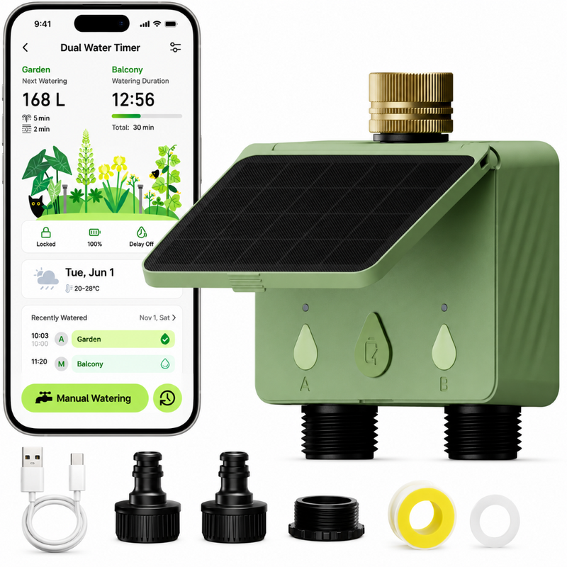 Programator WiFi cu Panou Solar pentru Irigare/Udare, cu 2 Iesiri, Programe de Irigare, Control prin Aplicatie, Rain Delay, Automat sau Manual, Rezistent la Apa, Control Vocal, Compatibil Amazon Alexa, Google Assistant, Accesorii Incluse, Verde/Negru