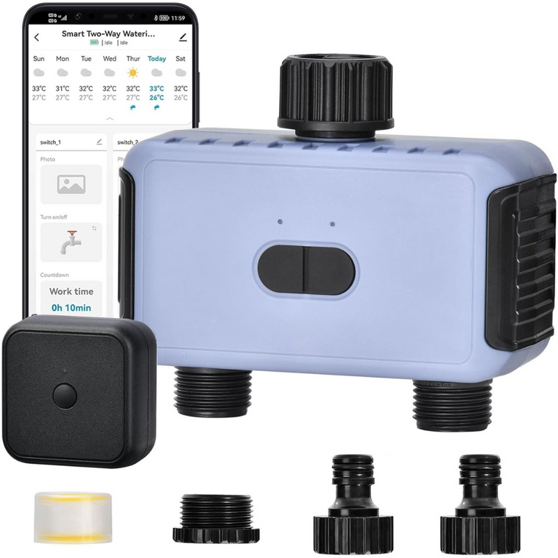Programator WiFi pentru Irigare/Udare, cu 2 Iesiri, 40 Programe de Irigare, Control prin Aplicatie, Rain Delay, Automat sau Manual, Rezistent la Apa IP55, Control Vocal, Compatibil Amazon Alexa, Google Assistant, Accesorii Incluse, Albastru