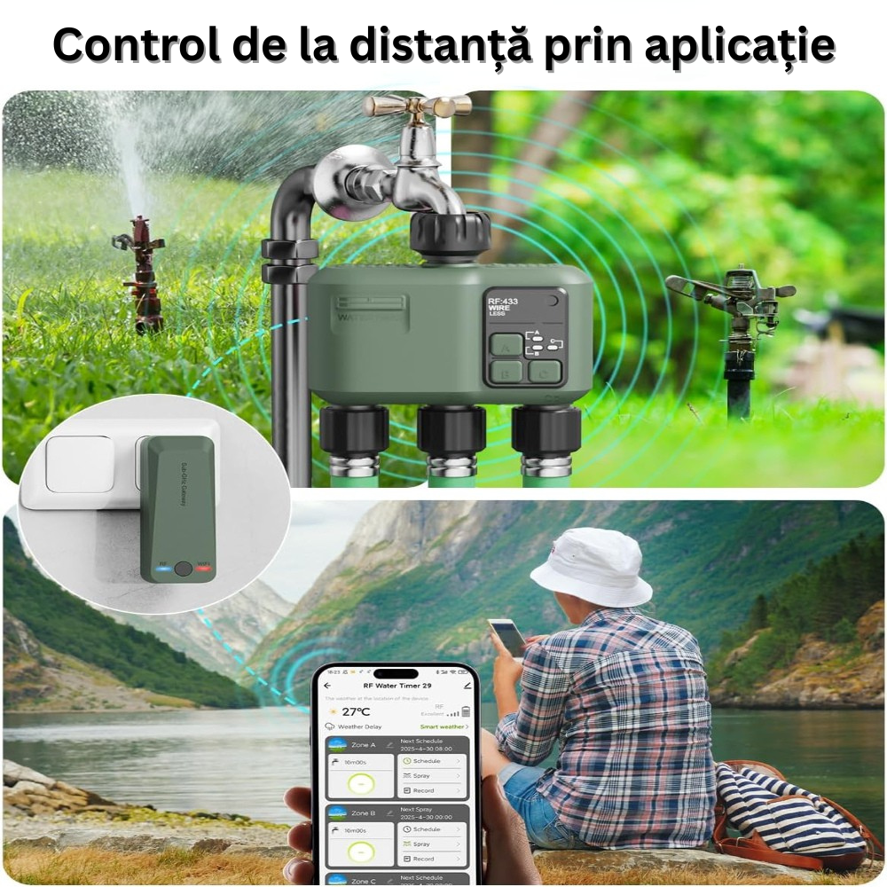 Programator WiFi pentru Irigare/Udare, cu 3 Iesiri, Programe de Irigare, Control prin Aplicatie, Rain Delay, Automat sau Manual, Rezistent la Apa, Control Vocal, Compatibil Amazon Alexa, Google Assistant, Senzor Exterior, Accesorii Incluse