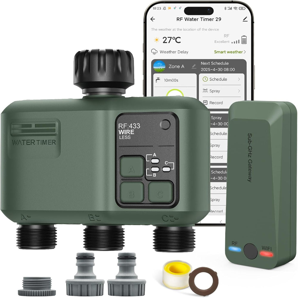 Programator WiFi pentru Irigare/Udare, cu 3 Iesiri, Programe de Irigare, Control prin Aplicatie, Rain Delay, Automat sau Manual, Rezistent la Apa, Control Vocal, Compatibil Amazon Alexa, Google Assistant, Senzor Exterior, Accesorii Incluse, Verde/Negru