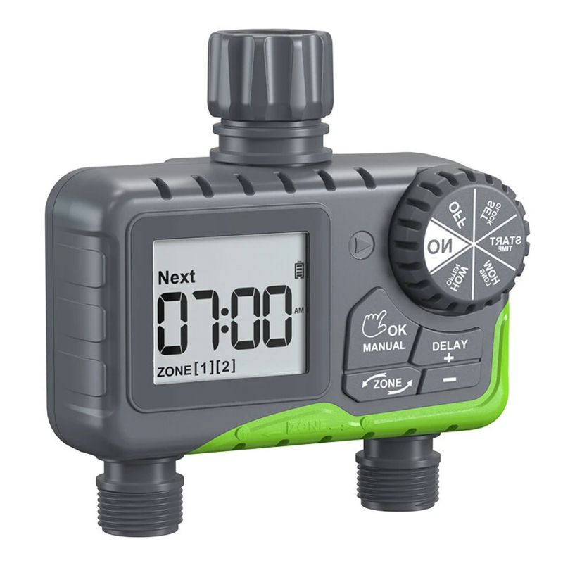 Programator pentru Irigare/Udare, cu 2 Iesiri, Programe de Irigare, Ecran LCD, Rain Delay, Automat sau Manual, Rezistent la Apa IP65, Accesorii Incluse, Gri/Verde