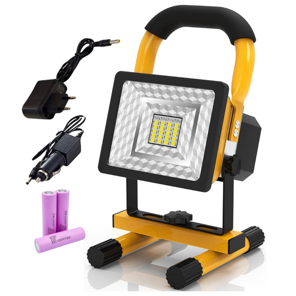 Proiector LED, 24 LED SMD, 2400 Lumeni, Putere 30W, Rezistent la Apa IP65, Lumina Rece, 3 Moduri de Iluminare, Portabil cu Maner, Reincarcabil, Incarcare Bricheta Auto, cu 3 Baterii 18650 Incluse, Galben/Negru
