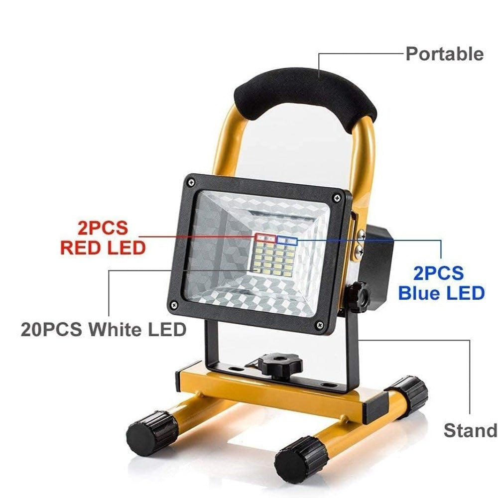 Proiector LED, 24 LED SMD, 2400 Lumeni, Putere 30W, Rezistent la Apa IP65, Lumina Rece, 3 Moduri de Iluminare, Portabil cu Maner, Reincarcabil, Incarcare Bricheta Auto, cu 3 Baterii 18650 Incluse, Galben/Negru