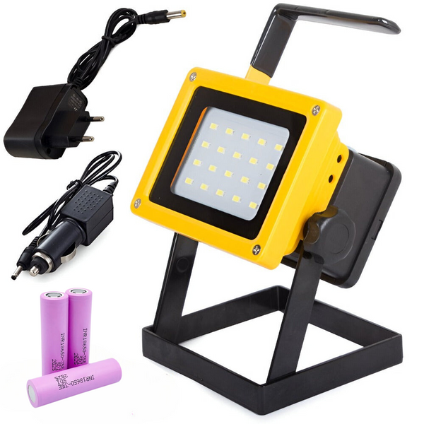 Proiector LED, 20 LED SMD, 2400 Lumeni, Putere 25W, Rezistent la Apa IP65, Lumina Rece, 3 Moduri de Iluminare, Portabil cu Maner, Reincarcabil, Incarcare Bricheta Auto, cu Baterii 18650 Incluse, Galben/Negru
