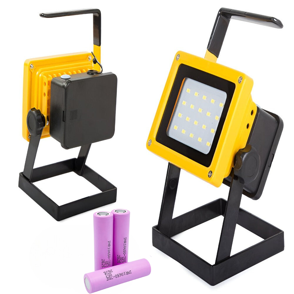 Proiector LED, 20 LED SMD, 2400 Lumeni, Putere 25W, Rezistent la Apa IP65, Lumina Rece, 3 Moduri de Iluminare, Portabil cu Maner, Reincarcabil, Incarcare Bricheta Auto, cu Baterii 18650 Incluse, Galben/Negru