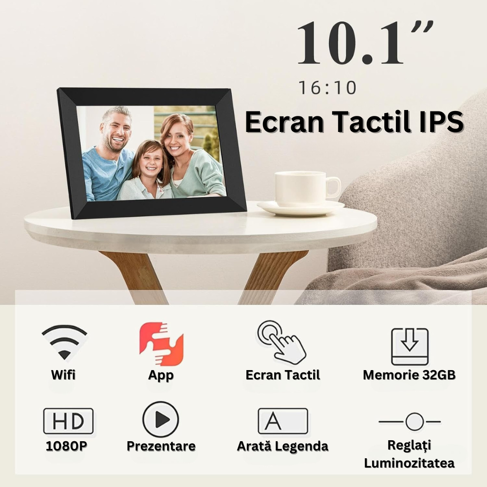 Rama Foto Digitala WIFI, 10.1 inch, Memorie 32 GB, 1 GB RAM, Ecran Tactil, 1080P, Rezolutie 1280 x 800 HD IPS, Difuzor 2 x 2 W, Rotire Automata, USB, Card SD, Ceas, Meteo, Poze/Video, Aplicatie Frameo, Suporta mai multi Utilizatori, Negru