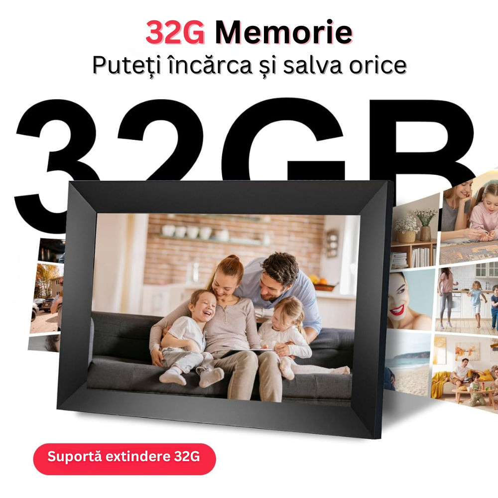 Rama Foto Digitala WIFI, 10.1 inch, Memorie 32 GB, 1 GB RAM, Ecran Tactil, 1080P, Rezolutie 1280 x 800 HD IPS, Difuzor 2 x 2 W, Rotire Automata, USB, Card SD, Ceas, Meteo, Poze/Video, Aplicatie Frameo, Suporta mai multi Utilizatori, Negru