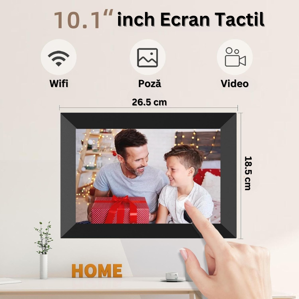 Rama Foto Digitala WIFI, 10.1 inch, Memorie 32 GB, 1 GB RAM, Ecran Tactil, 1080P, Rezolutie 1280 x 800 HD IPS, Difuzor 2 x 2 W, Rotire Automata, USB, Card SD, Ceas, Meteo, Poze/Video, Aplicatie Frameo, Suporta mai multi Utilizatori, Negru