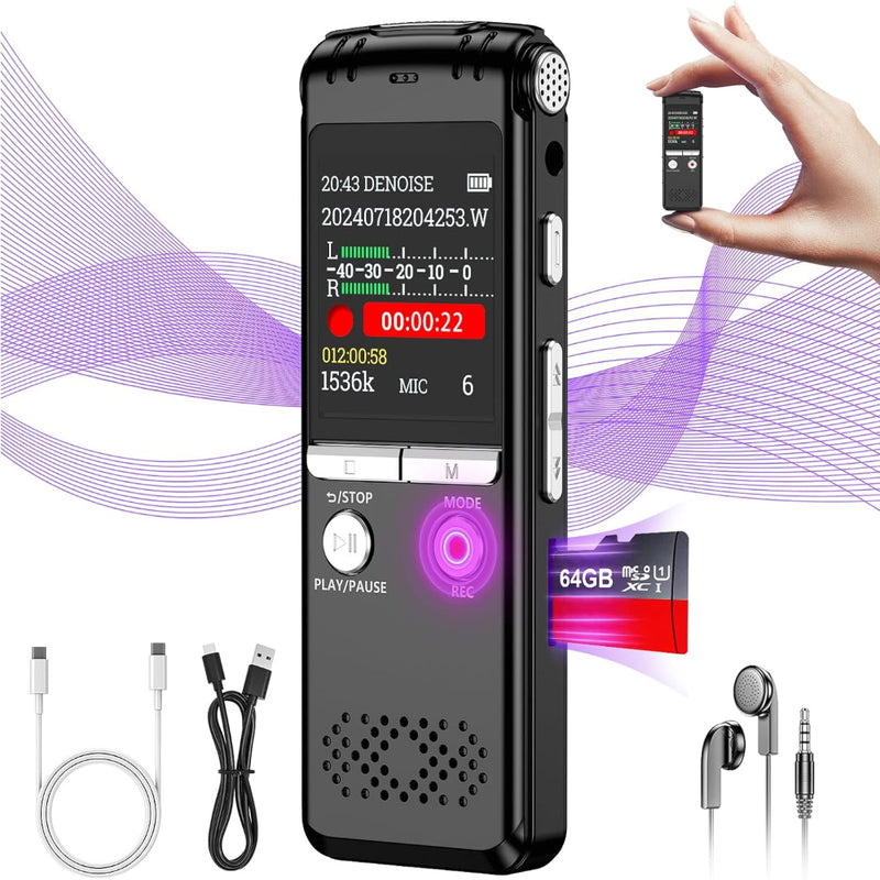 Reportofon Profesional, Ecran 1.44 inch, 64GB Memorie, MP3/WAV, Reducere a Zgomotului, Activare Vocala, 1536Kpbs, Oprire Automata, Protectie cu Parola, Portabil, Baterie 400Mah, USB-C, Casti Incluse, Negru