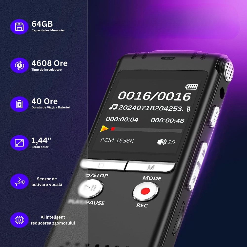 Reportofon Profesional, Ecran 1.44 inch, 64GB Memorie, MP3/WAV, Reducere a Zgomotului, Activare Vocala, 1536Kpbs, Oprire Automata, Protectie cu Parola, Portabil, Baterie 400Mah, USB-C, Casti Incluse, Negru
