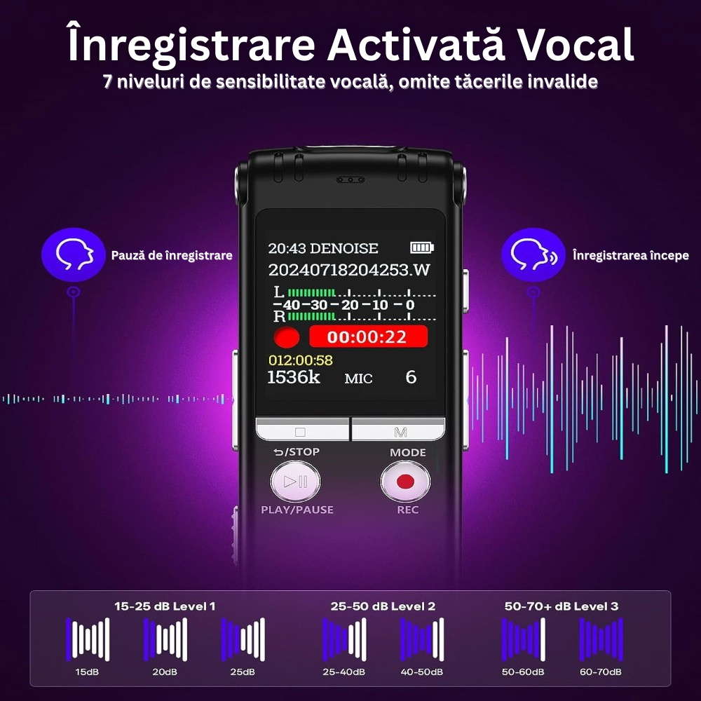 Reportofon Profesional, Ecran 1.44 inch, 64GB Memorie, MP3/WAV, Reducere a Zgomotului, Activare Vocala, 1536Kpbs, Oprire Automata, Protectie cu Parola, Portabil, Baterie 400Mah, USB-C, Casti Incluse, Negru