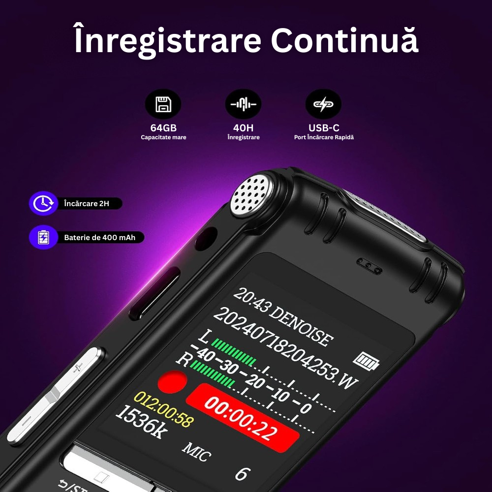 Reportofon Profesional, Ecran 1.44 inch, 64GB Memorie, MP3/WAV, Reducere a Zgomotului, Activare Vocala, 1536Kpbs, Oprire Automata, Protectie cu Parola, Portabil, Baterie 400Mah, USB-C, Casti Incluse, Negru
