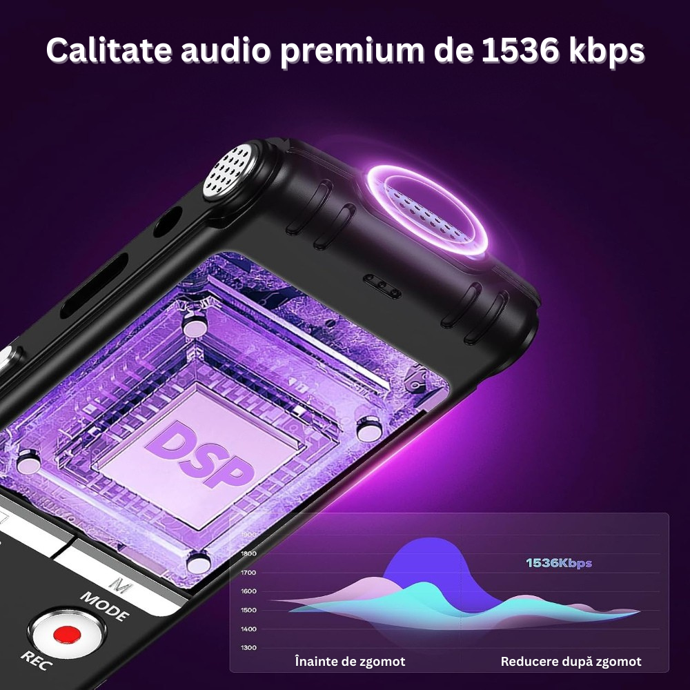 Reportofon Profesional, Ecran 1.44 inch, 64GB Memorie, MP3/WAV, Reducere a Zgomotului, Activare Vocala, 1536Kpbs, Oprire Automata, Protectie cu Parola, Portabil, Baterie 400Mah, USB-C, Casti Incluse, Negru