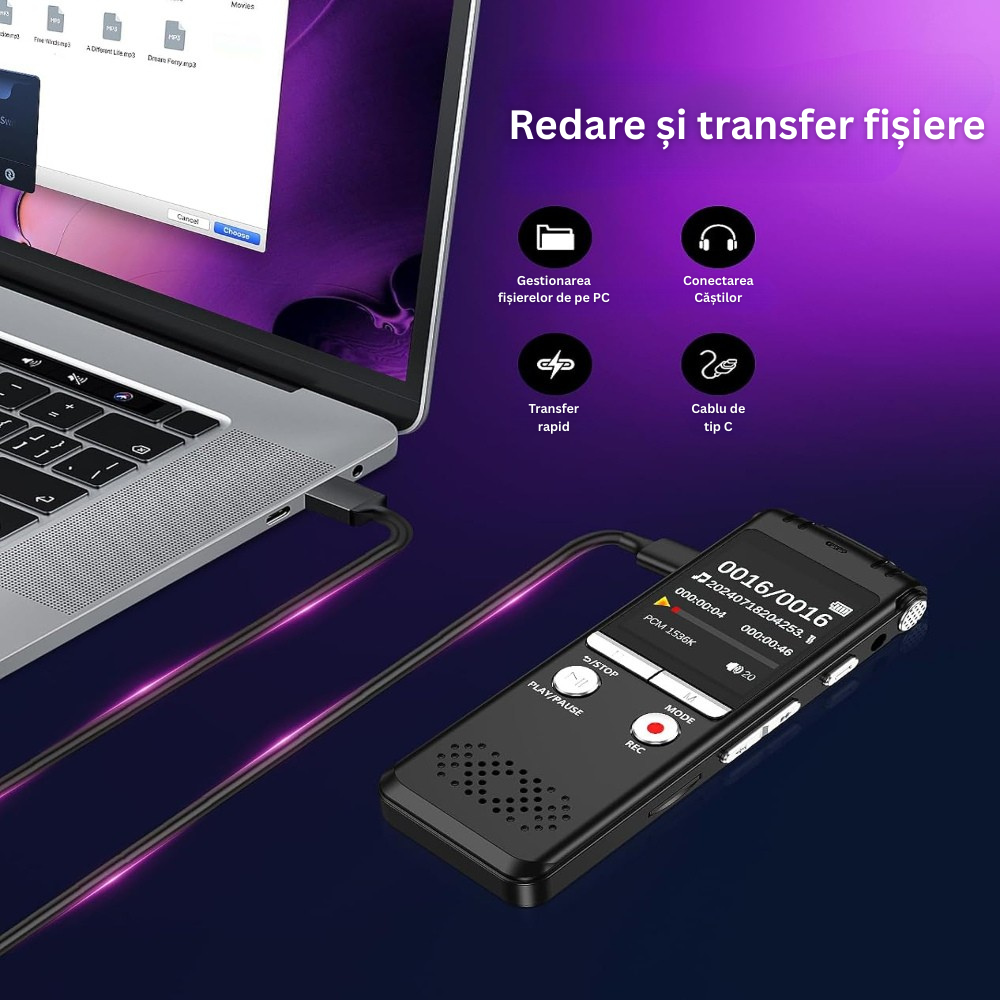 Reportofon Profesional, Ecran 1.44 inch, 64GB Memorie, MP3/WAV, Reducere a Zgomotului, Activare Vocala, 1536Kpbs, Oprire Automata, Protectie cu Parola, Portabil, Baterie 400Mah, USB-C, Casti Incluse, Negru