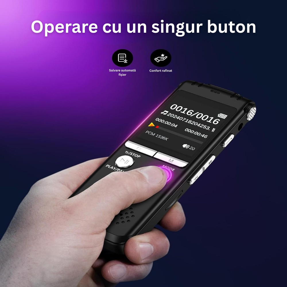 Reportofon Profesional, Ecran 1.44 inch, 64GB Memorie, MP3/WAV, Reducere a Zgomotului, Activare Vocala, 1536Kpbs, Oprire Automata, Protectie cu Parola, Portabil, Baterie 400Mah, USB-C, Casti Incluse, Negru