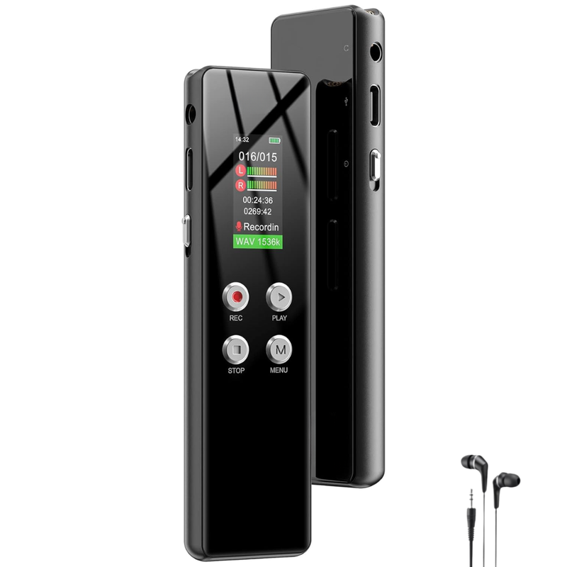 Reportofon Profesional, Ecran Color, 64GB Memorie, MP3/WAV, Reducere a Zgomotului, Activare Vocala, 1536Kpbs, Oprire Automata, Protectie cu Parola, Portabil, Baterie 300Mah, USB-C, Casti Incluse, Negru