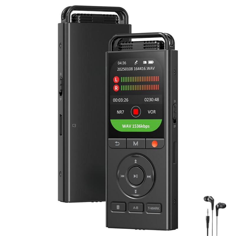 Reportofon Profesional, Ecran de 2 inch, 144GB Memorie, MP3/WAV, Reducere a Zgomotului de Fundal, Activare Vocala, 3072Kpbs, Pornire/Oprire Automata, Protectie cu Parola, Portabil, Baterie 660Mah, USB-C, Casti Incluse, Negru
