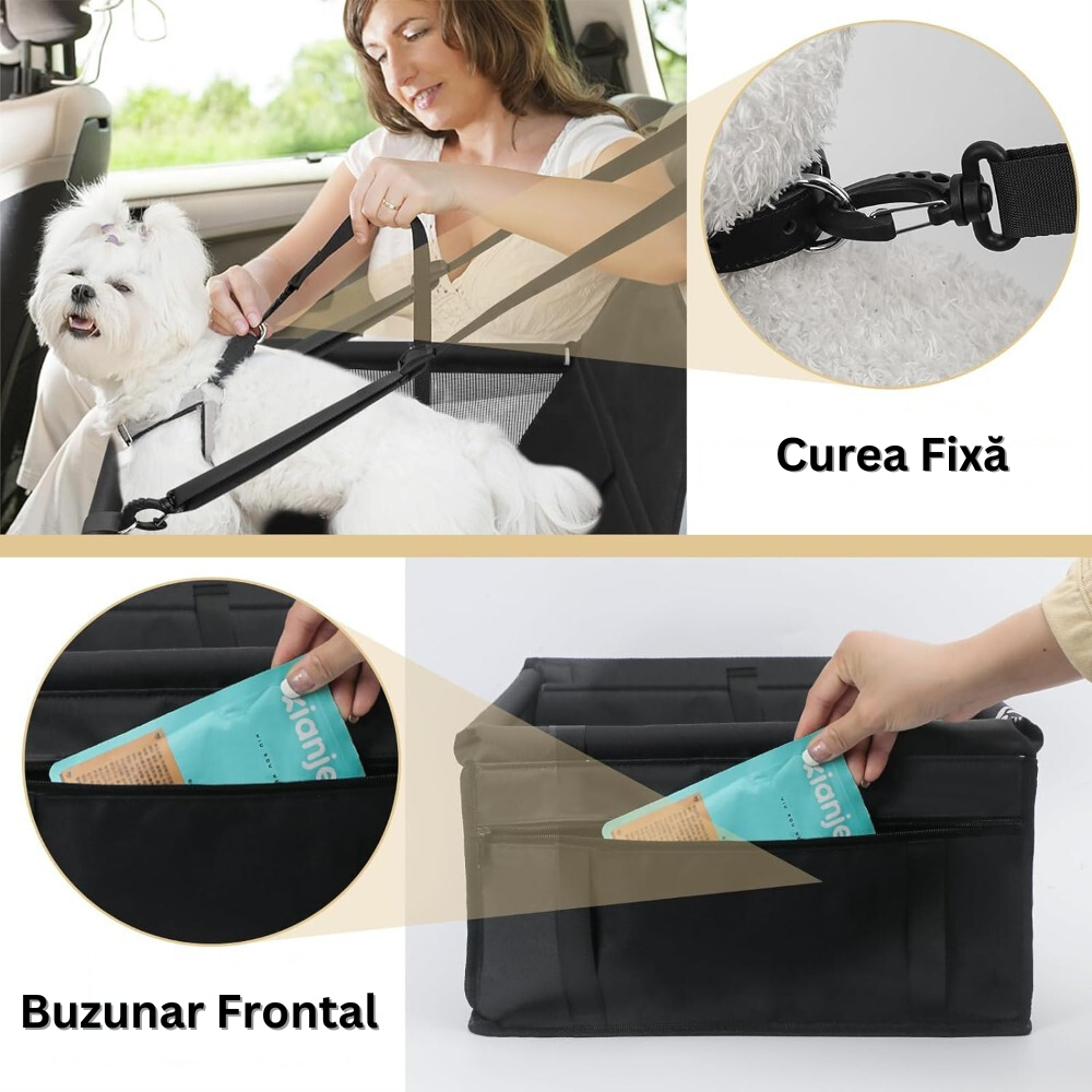 Scaun pentru Transportat Catei si Pisici in Masina, Curelele Reglabile, Buzunar Depozitare cu Fermoar, Protectie Tapiterie Auto, Impermeabila, Respirabila, pentru Talie Mica, 40 x 40 x 32 cm, Negru