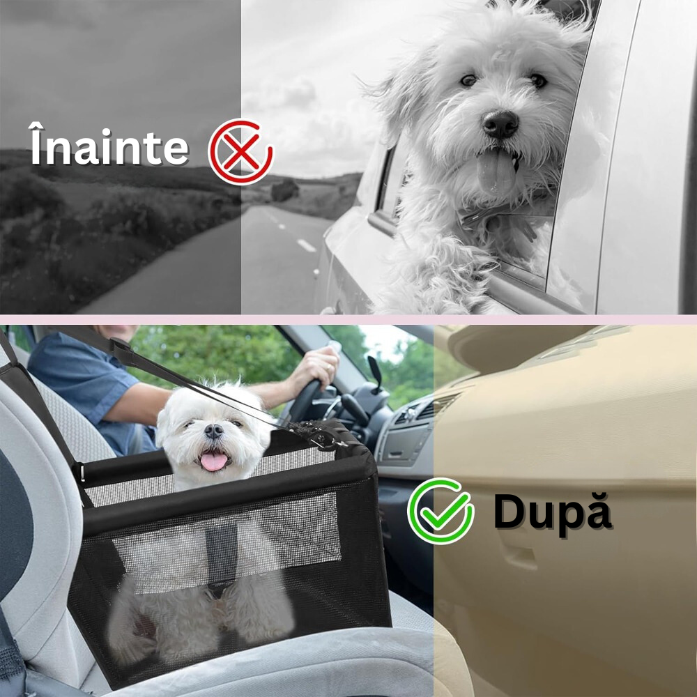 Scaun pentru Transportat Catei si Pisici in Masina, Curelele Reglabile, Buzunar Depozitare cu Fermoar, Protectie Tapiterie Auto, Impermeabila, Respirabila, pentru Talie Mica, 40 x 40 x 32 cm, Negru