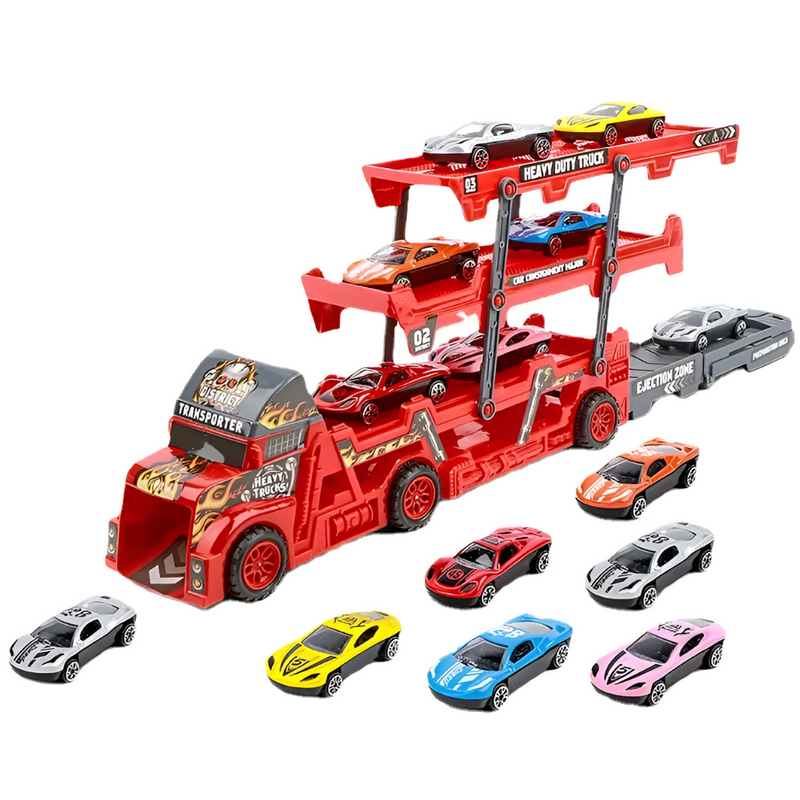 Set Camion Trailer pentru Transport Masinute de Curse, Tir si 6 Masini, Platforma cu 3 Nivele, Lansator, Roti Mobile, Jucarie Interactiva, pentru Copii, Baieti si Fete, + 3 ani, 30 x 11.5 x 7 cm, Multicolor