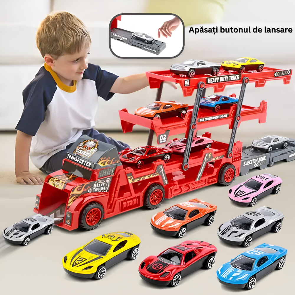 Set Camion Trailer pentru Transport Masinute de Curse, Tir si 6 Masini, Platforma cu 3 Nivele, Lansator, Roti Mobile, Jucarie Interactiva, pentru Copii, Baieti si Fete, + 3 ani, 30 x 11.5 x 7 cm, Multicolor