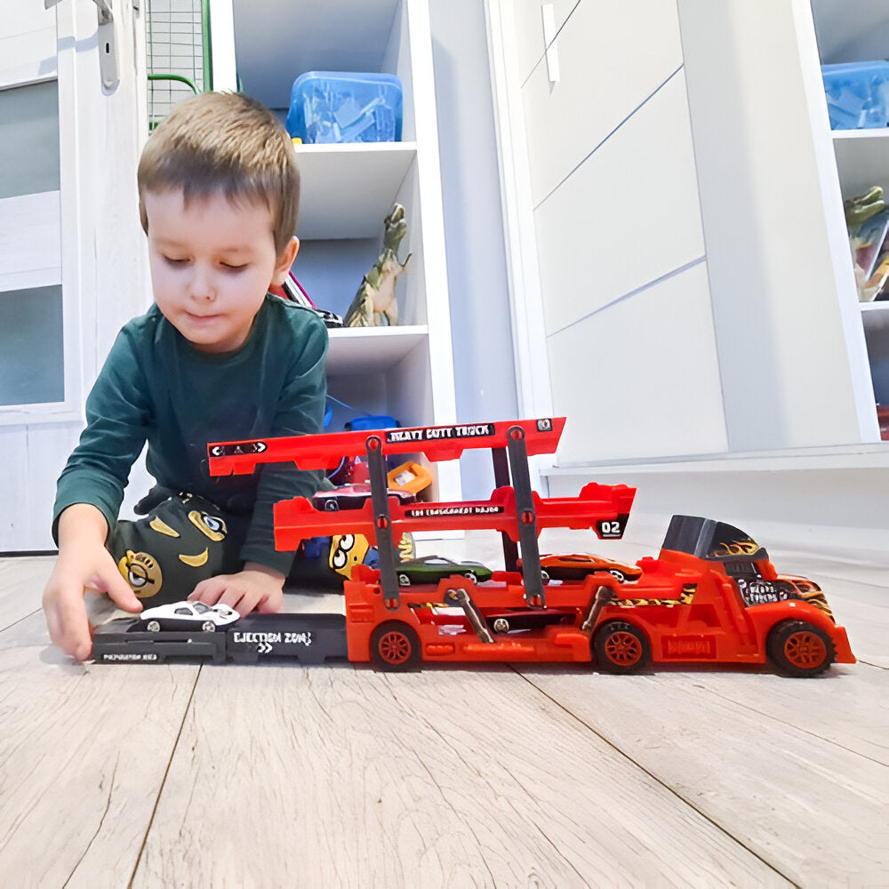 Set Camion Trailer pentru Transport Masinute de Curse, Tir si 6 Masini, Platforma cu 3 Nivele, Lansator, Roti Mobile, Jucarie Interactiva, pentru Copii, Baieti si Fete, + 3 ani, 30 x 11.5 x 7 cm, Multicolor
