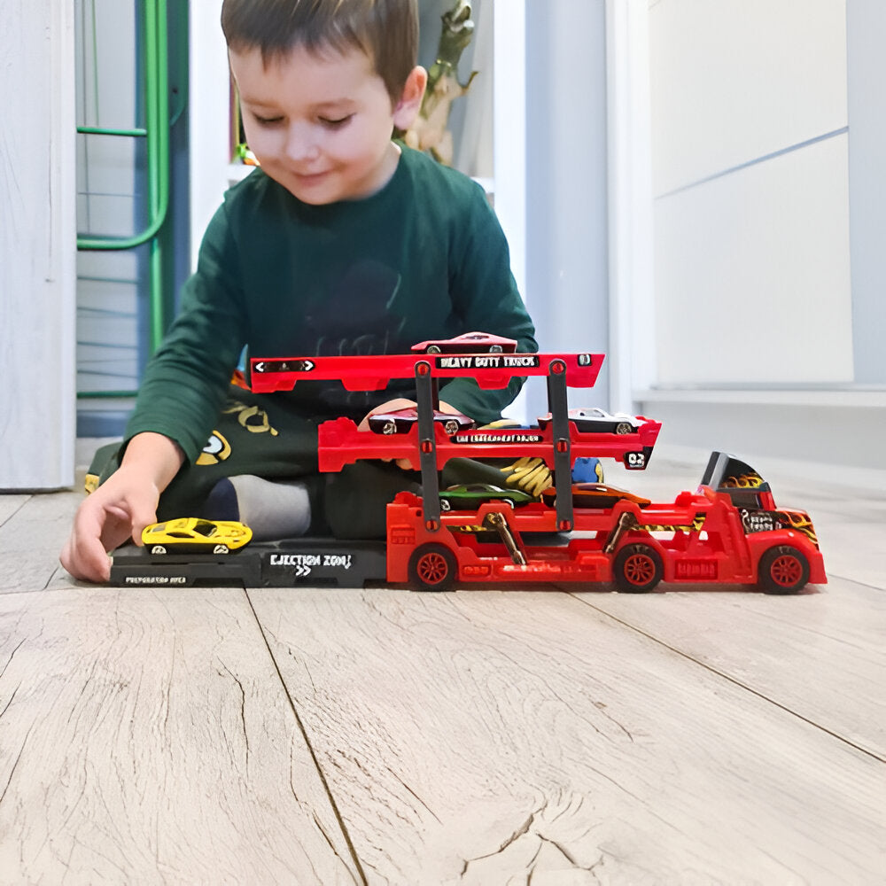 Set Camion Trailer pentru Transport Masinute de Curse, Tir si 6 Masini, Platforma cu 3 Nivele, Lansator, Roti Mobile, Jucarie Interactiva, pentru Copii, Baieti si Fete, + 3 ani, 30 x 11.5 x 7 cm, Multicolor