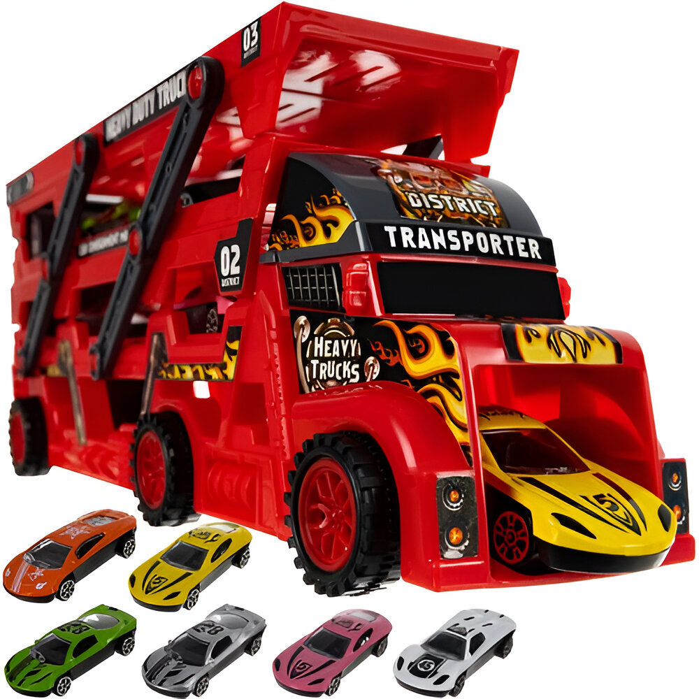 Set Camion Trailer pentru Transport Masinute de Curse, Tir si 6 Masini, Platforma cu 3 Nivele, Lansator, Roti Mobile, Jucarie Interactiva, pentru Copii, Baieti si Fete, + 3 ani, 30 x 11.5 x 7 cm, Multicolor