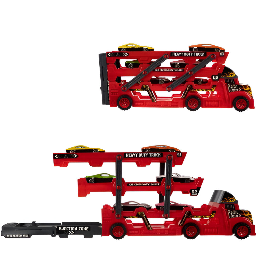Set Camion Trailer pentru Transport Masinute de Curse, Tir si 6 Masini, Platforma cu 3 Nivele, Lansator, Roti Mobile, Jucarie Interactiva, pentru Copii, Baieti si Fete, + 3 ani, 30 x 11.5 x 7 cm, Multicolor
