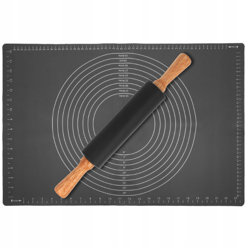Set Plansa din Silicon Alimentar cu Sucitor, Manere din Lemn, pentru Modelare Aluat, Rezistenta la Temperaturi Ridicate si Rupere, Anti-alunecare, cu Masuratori de Lungime si Diametru, Usor de Curat, Flexibila, 70 x 50 cm, Gri