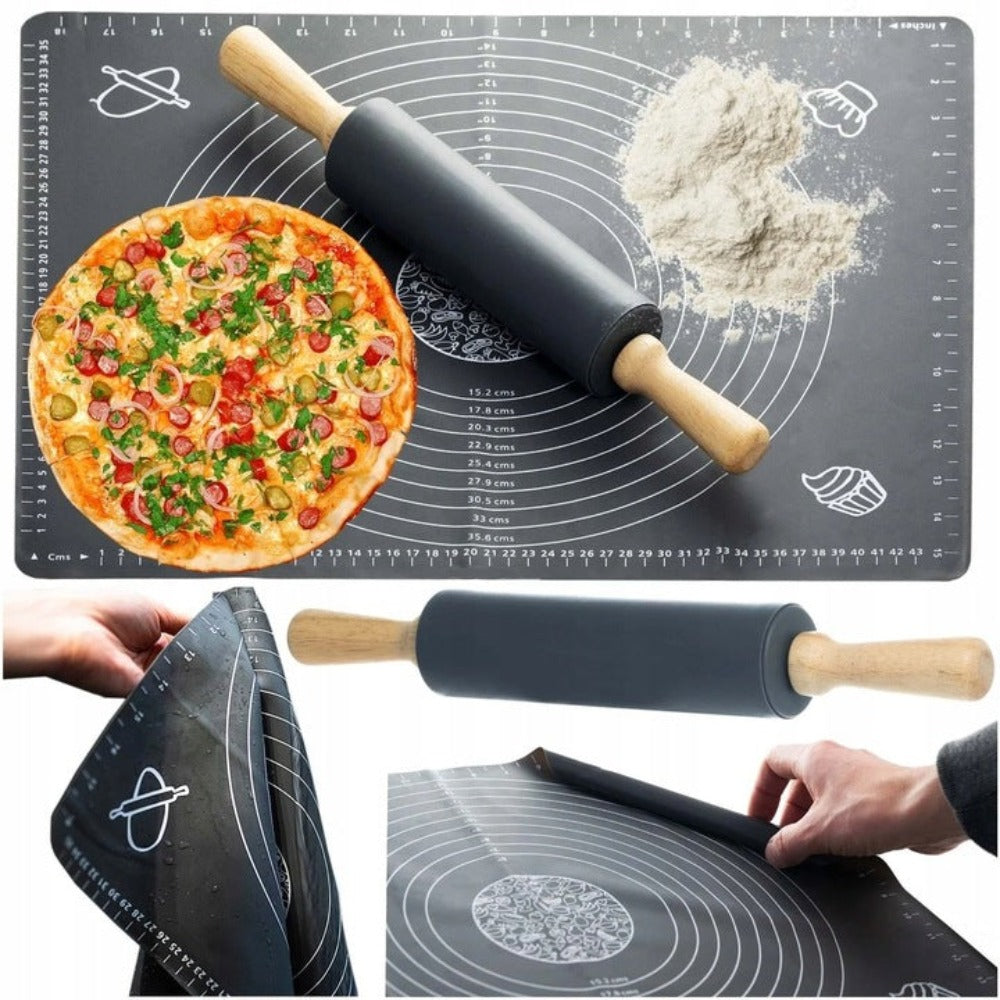 Set Plansa din Silicon Alimentar cu Sucitor, Manere din Lemn, pentru Modelare Aluat, Rezistenta la Temperaturi Ridicate si Rupere, Anti-alunecare, cu Masuratori de Lungime si Diametru, Usor de Curat, Flexibila, 70 x 50 cm, Gri