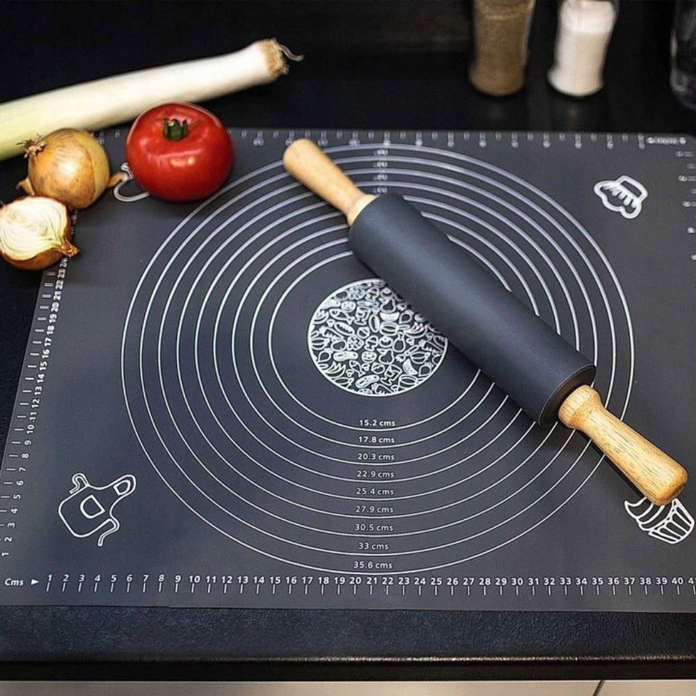 Set Plansa din Silicon Alimentar cu Sucitor, Manere din Lemn, pentru Modelare Aluat, Rezistenta la Temperaturi Ridicate si Rupere, Anti-alunecare, cu Masuratori de Lungime si Diametru, Usor de Curat, Flexibila, 70 x 50 cm, Gri