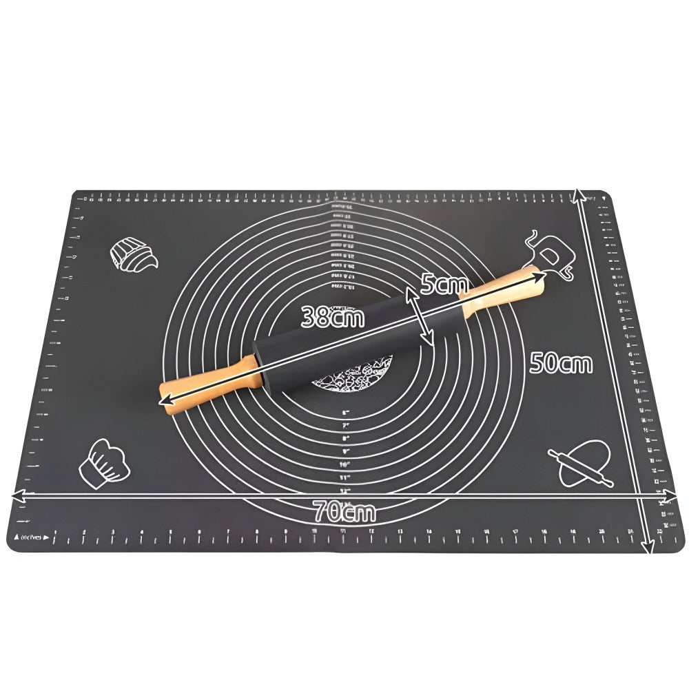 Set Plansa din Silicon Alimentar cu Sucitor, Manere din Lemn, pentru Modelare Aluat, Rezistenta la Temperaturi Ridicate si Rupere, Anti-alunecare, cu Masuratori de Lungime si Diametru, Usor de Curat, Flexibila, 70 x 50 cm, Gri